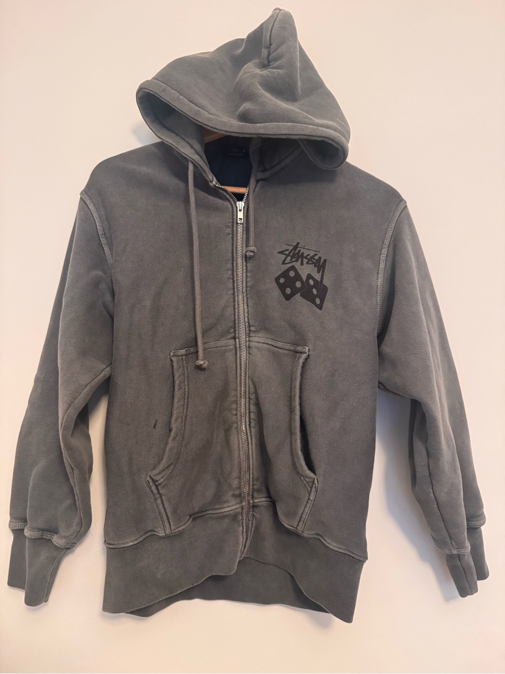 Stussy Gray Zip Hoodie with Dice Graphic